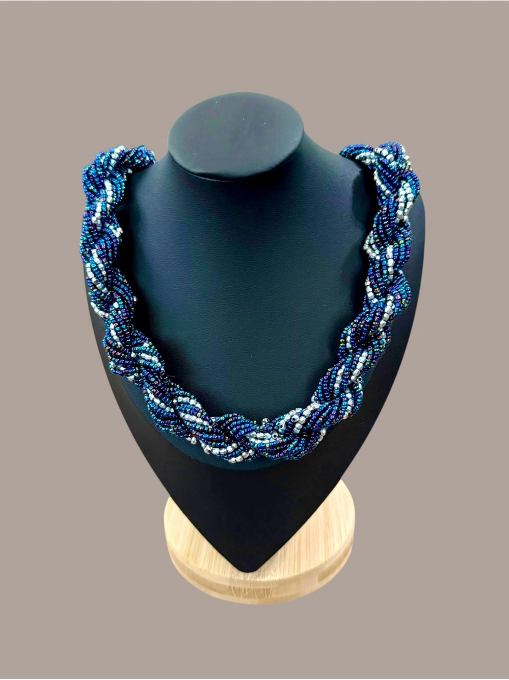 Blue & Silver Braided Multi-Strand Beaded Statement Necklace – 10-Inch Drop